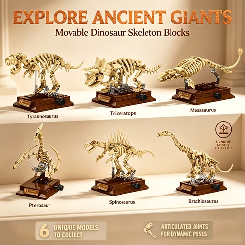The six models: Tyrannosaurus, Triceratops, Mosasaur, Pterosaur, Spinosaurus and Brachiosaurus