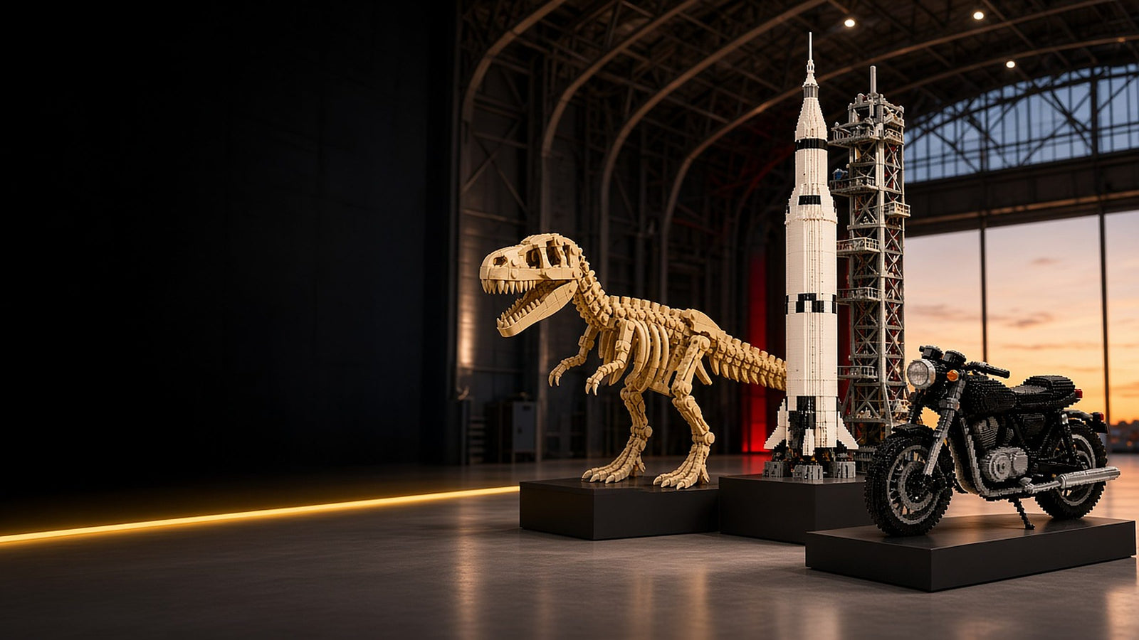 Brick-built dinosaur skeleton, rocket and motorcycle in a hangar at sunset
